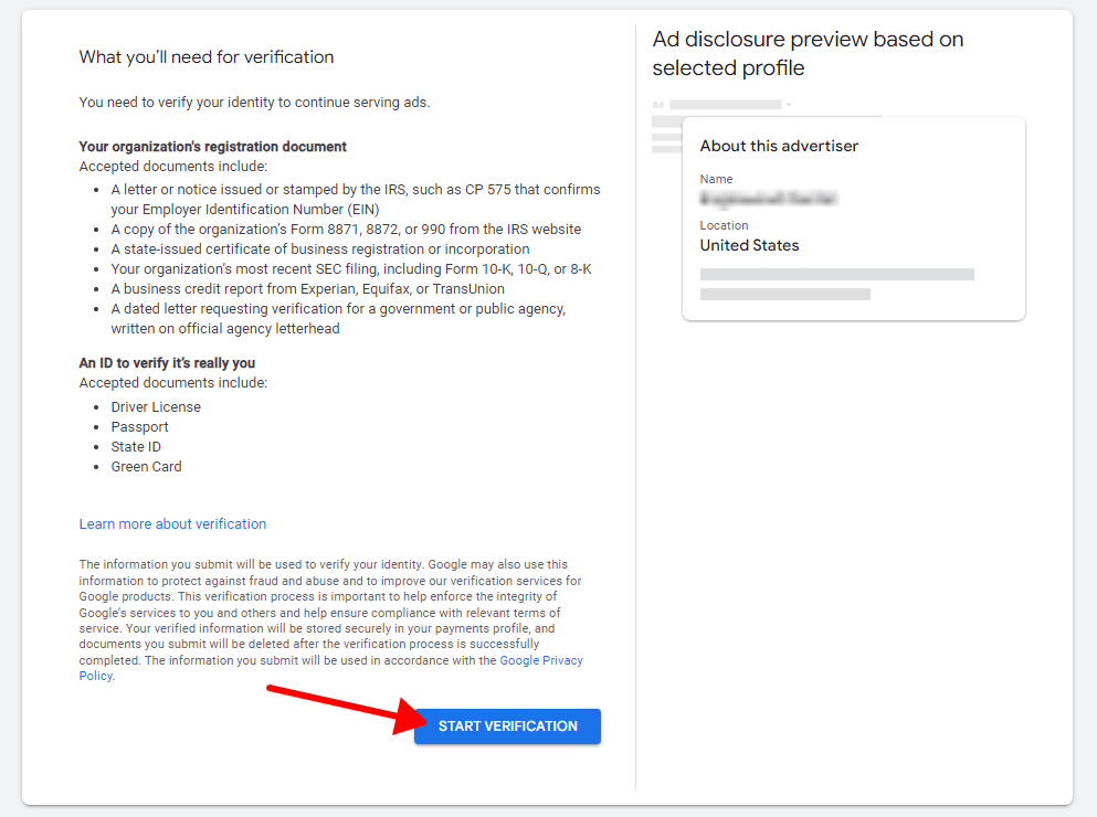 list of documents needed to get verified on Google Ads