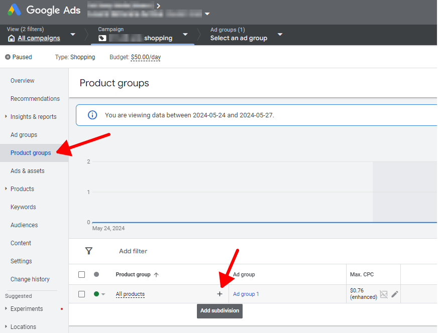 add subdivision on your products groups