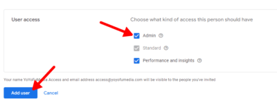 select “Admin” if you want to give full access to your Google Merchant account