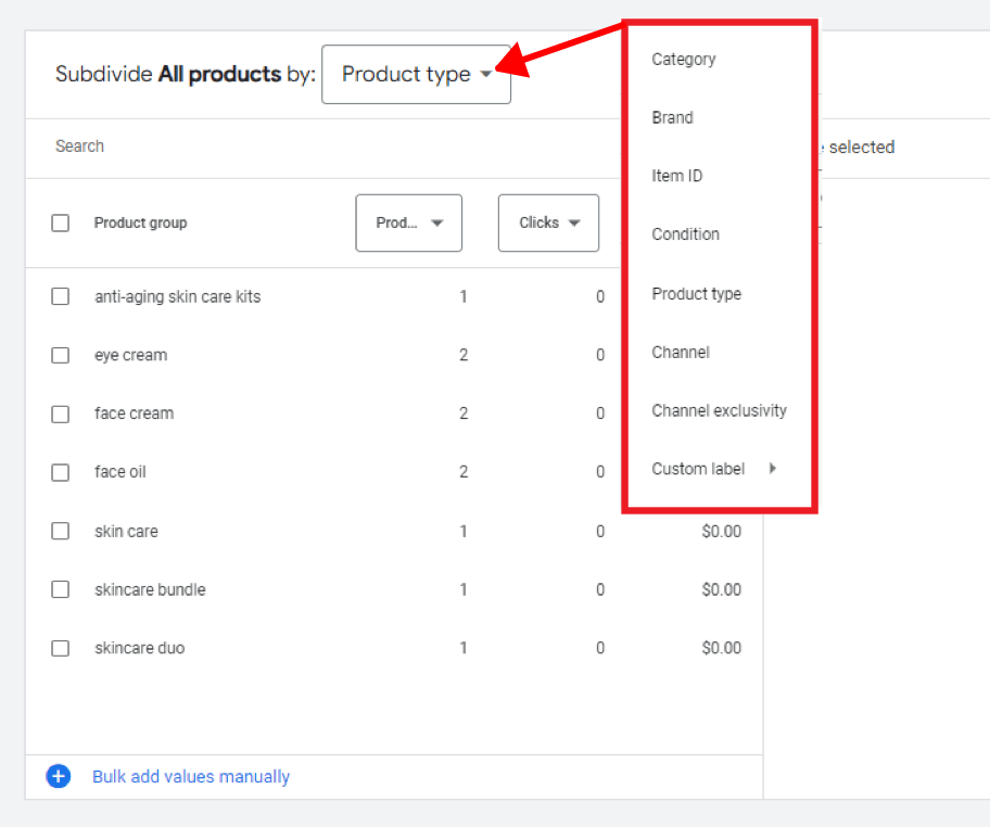 choose which way you want your products to be subdivided