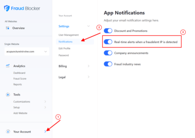 Fraud Blocker app notification settings