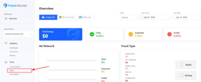Go to your Fraud Blocker dashboard and click on “Setup” from the vertical menu