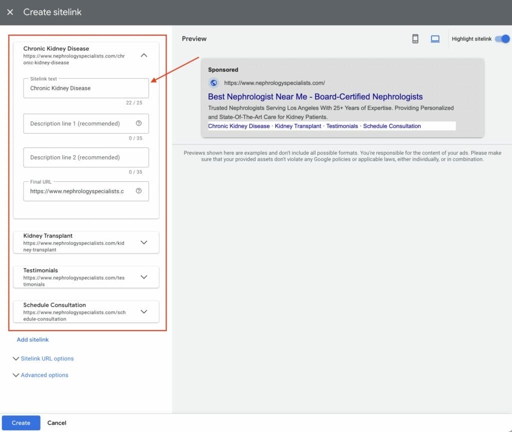 sitelinks created for nephrologists ppc