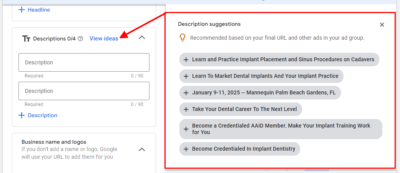google ads for dental implant courses sample descriptions