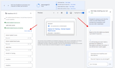 google ads for dental implant courses headline sample