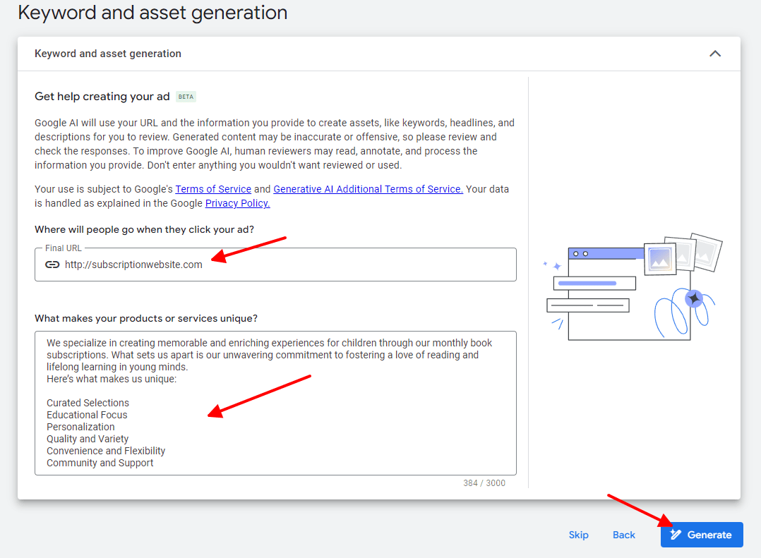 google ads for subscription companies AI keyword and asset generation