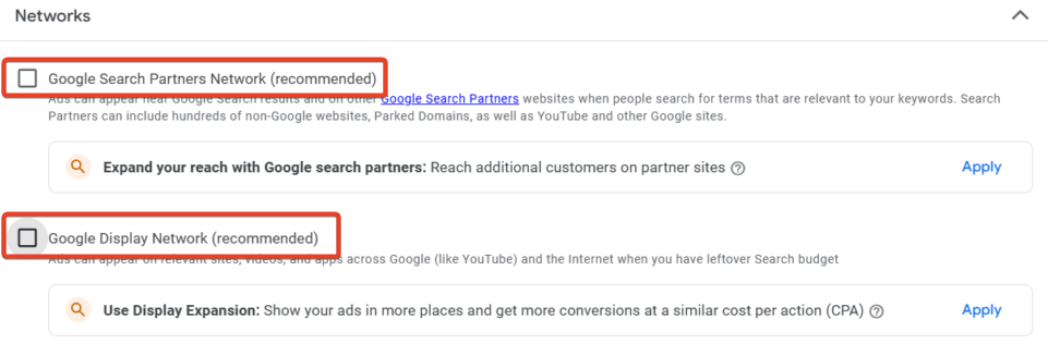 network settings using search network for ppc campaign