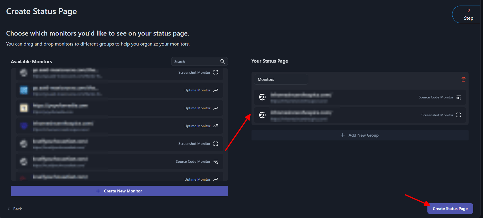 select monitors to create status page on monspark
