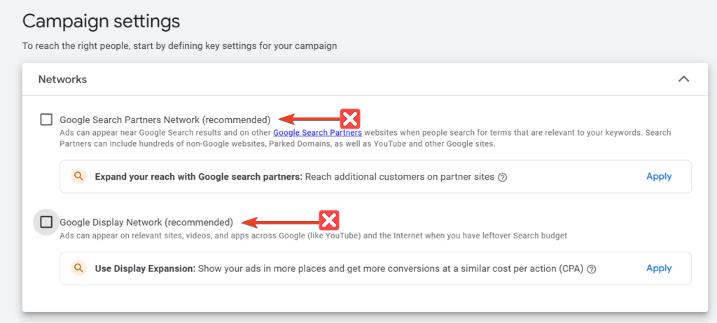 Network Settings for Campaign 