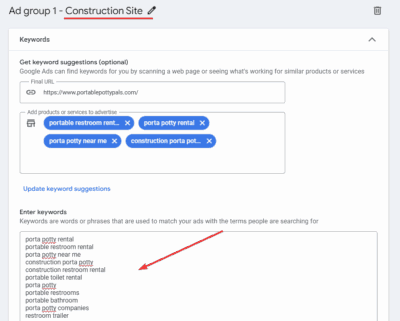 Ad Group for Google Ads for Porta Potty Rental