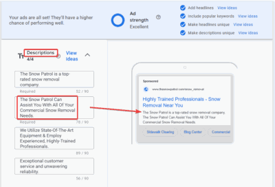 Descriptions for Snow removal services campaign