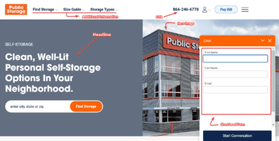 Self Storage Landing Page - Headline, CTA, Lead Form Sample 