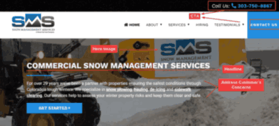 Headlines, CTA example for snow removal business landing page