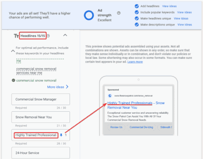 Headlines for Snow removal services google ppc campaign