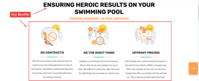 Key Benefits example for pool cleaning services landing page