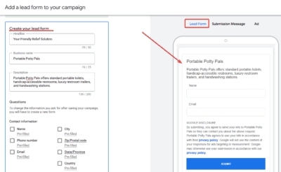 Lead Form Sample Google Ads for Porta Potty Rental
