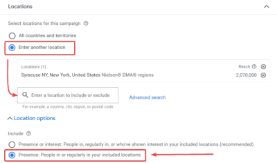 Location Setting for Google Ads for Snow Removal Services