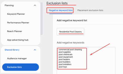 Negative Keywords for Residential Pool Cleaning