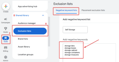 Negative Keywords - Exclusion Lists for Self Storage Campaign 