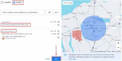 Setting the Radius for snow removal business google ads