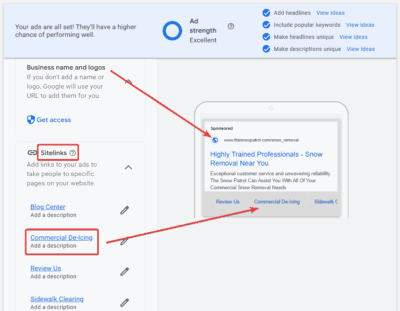 Sitelinks for snow removal services campaign