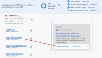 Sitelinks for Google Ads for Pool Cleaning Services