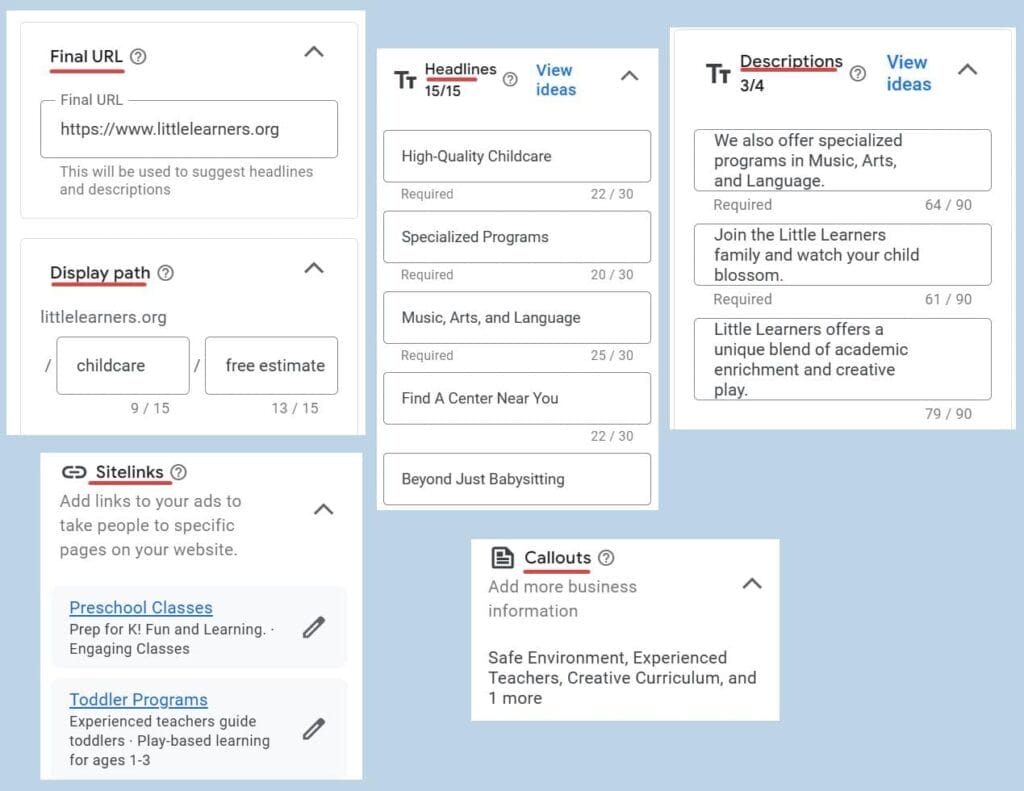 Ad Copy for Google Ads for Childcare Services