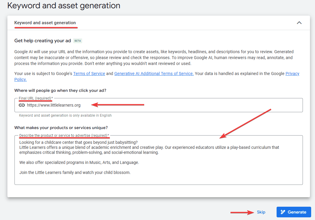 Keyword Asset Generation