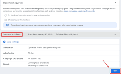 Broad Match Keywords - Setting the Start and End dates of the Google Ads for Snow Removal Services