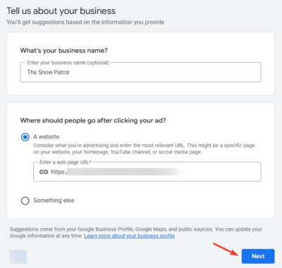 Google Ads account creation - adding business information