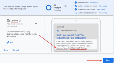 Callouts for Google Ads for Pool Cleaning Services