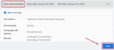 Setting the start and end date of the Google Ads for Auto Detailing campaign