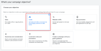 Google Ads for self storage businesses campaign objective: leads