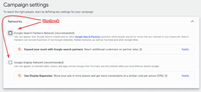 campaign settings for running google ads for snow removal services