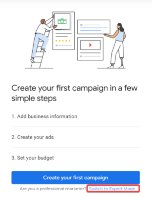 Google Ads account creation choosing Expert Mode button