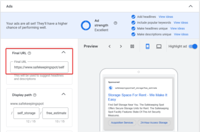 Final URL for Self Storage Campaign