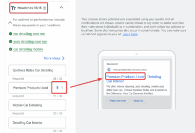 Example of Headline format for Google Ads for Auto Detailing