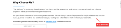 Key Benefits example for snow removal business landing page