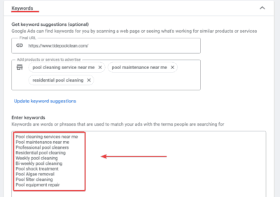 Keywords for Google Ads for Pool Cleaning Services - Residential 