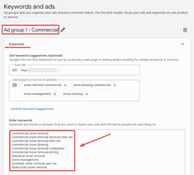 Keywords and Ad Groups for snow removal service