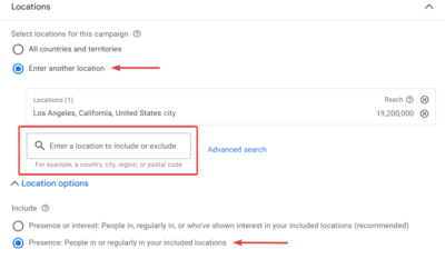 Enter Location for Google Ads campaign for Self Storage Business