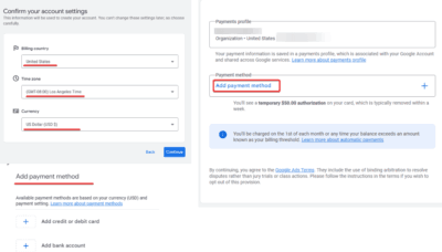 Payment Method for Google Ads account creation