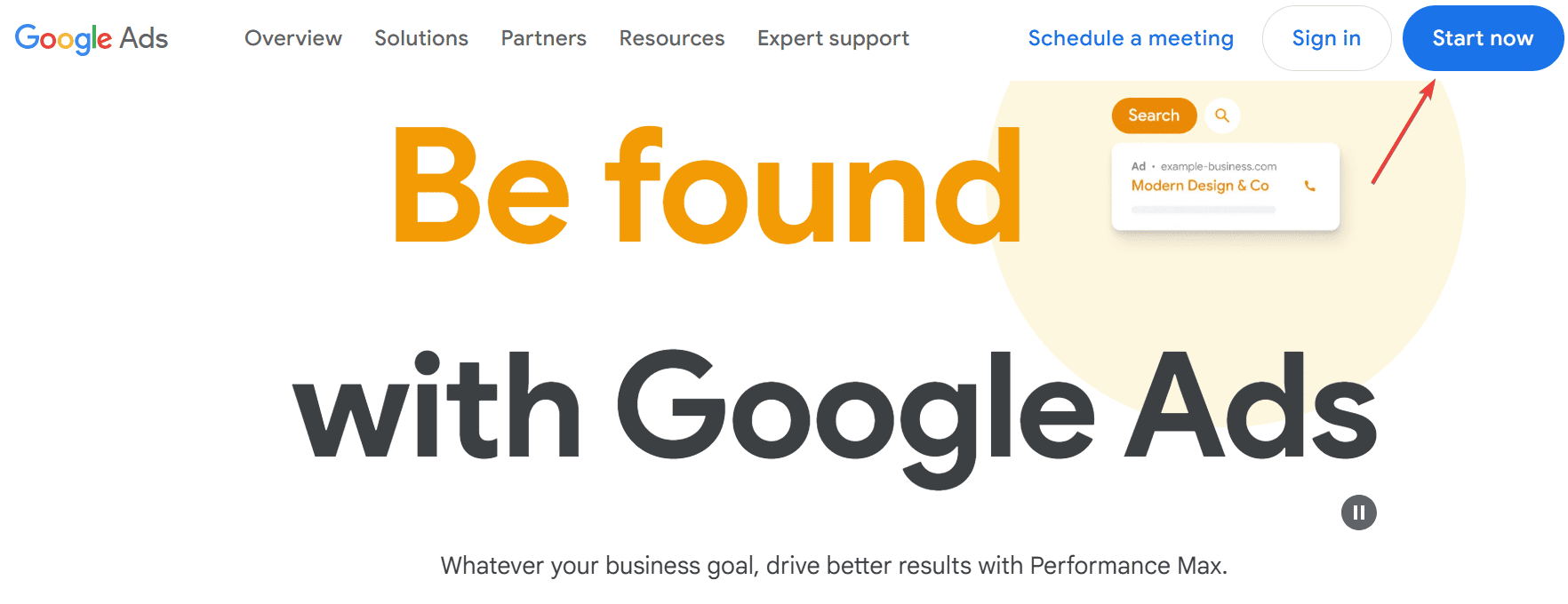 Google Ads account sign up button