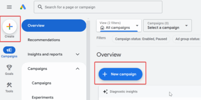 Creating First Self Storage Google Ads Campaign - New Campaign Button