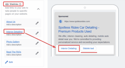 Example of Sitelinks for Auto Detailing Google Ads campaign