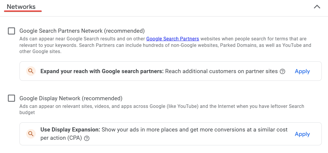 Disabling Google Search Partners and Networks