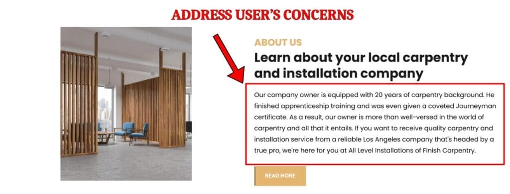 Address User's Concern Landing Page Sample for Google Ads for Carpenters