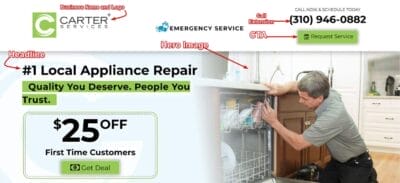 Headline Landing Page Sample for Google Ads for Appliance Repair