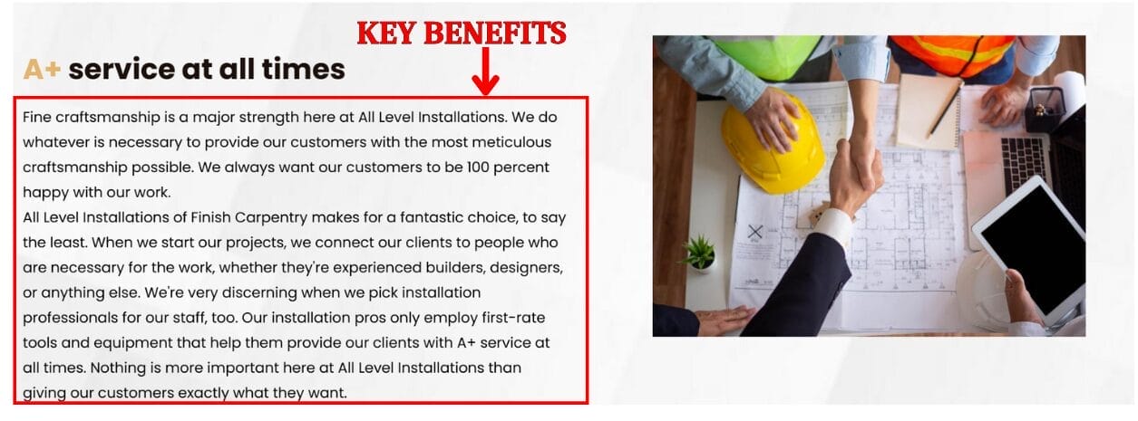 Key Benefits Landing Page Sample for Google Ads for Carpenters