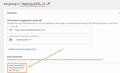Hearing Aids Ad Group for Google Ads for Audiologists Sample 